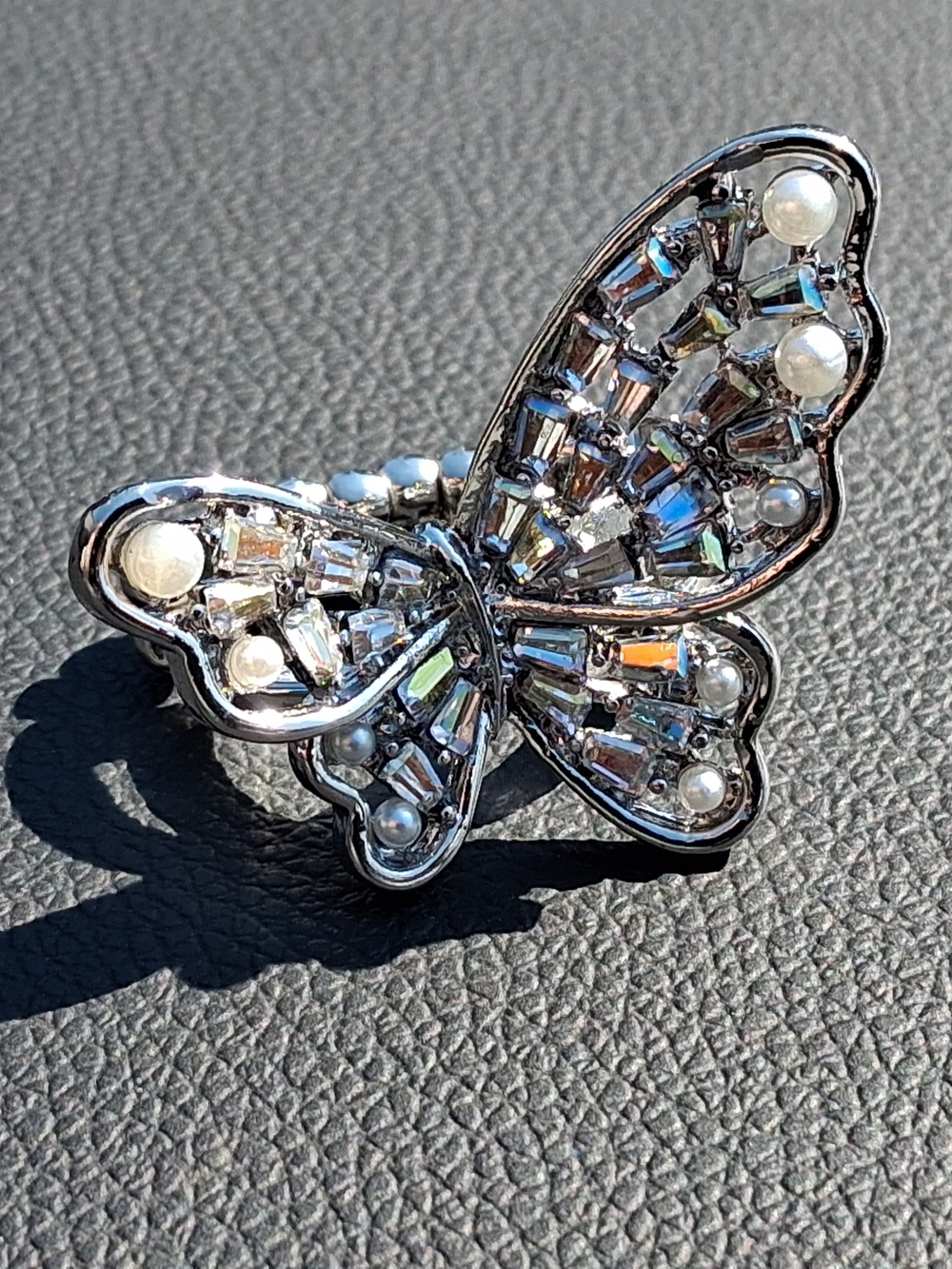 Silver And Pearl Butterfly Ring With Iridescent Rhinestones